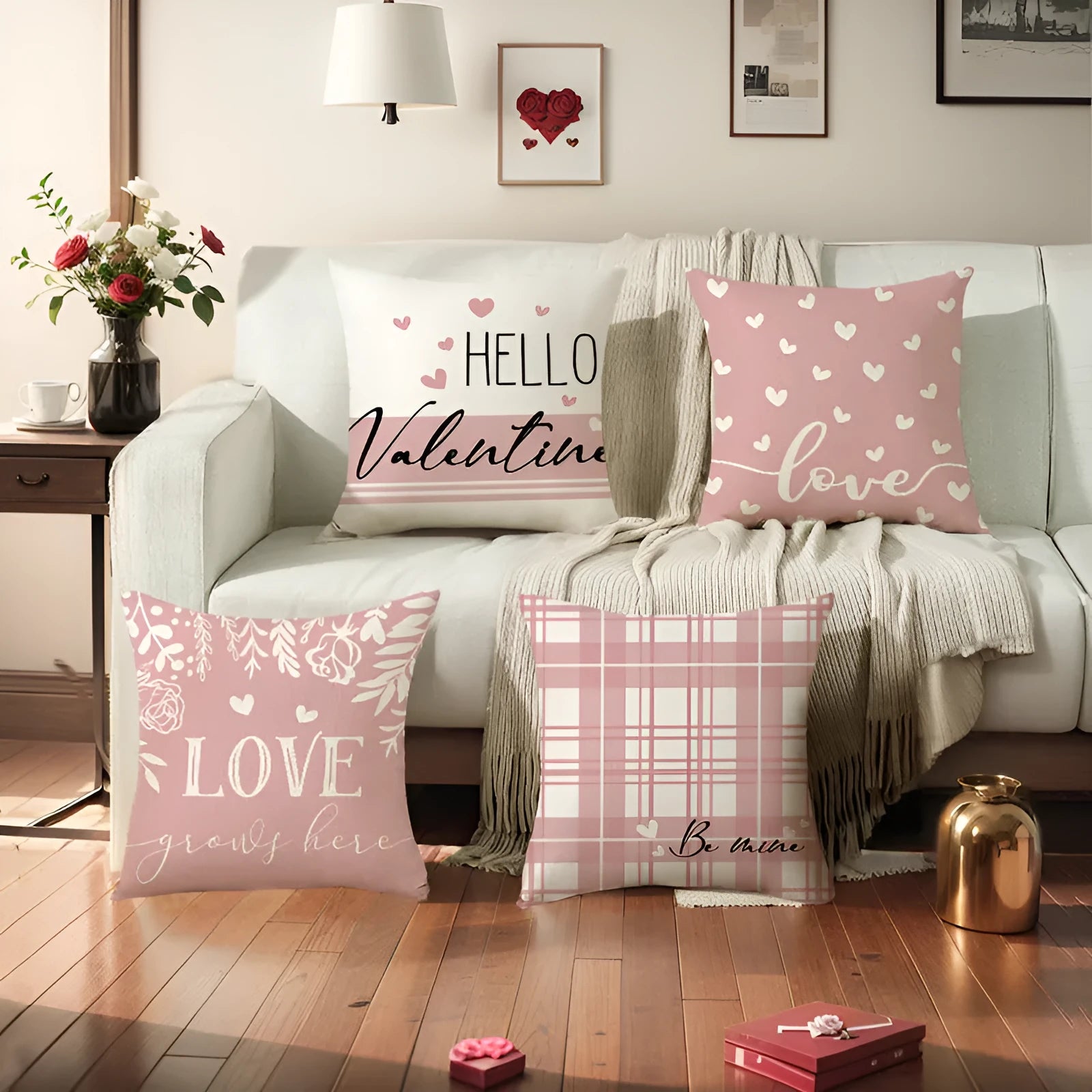 Square red and white plaid heart print pillow cover on a sofa