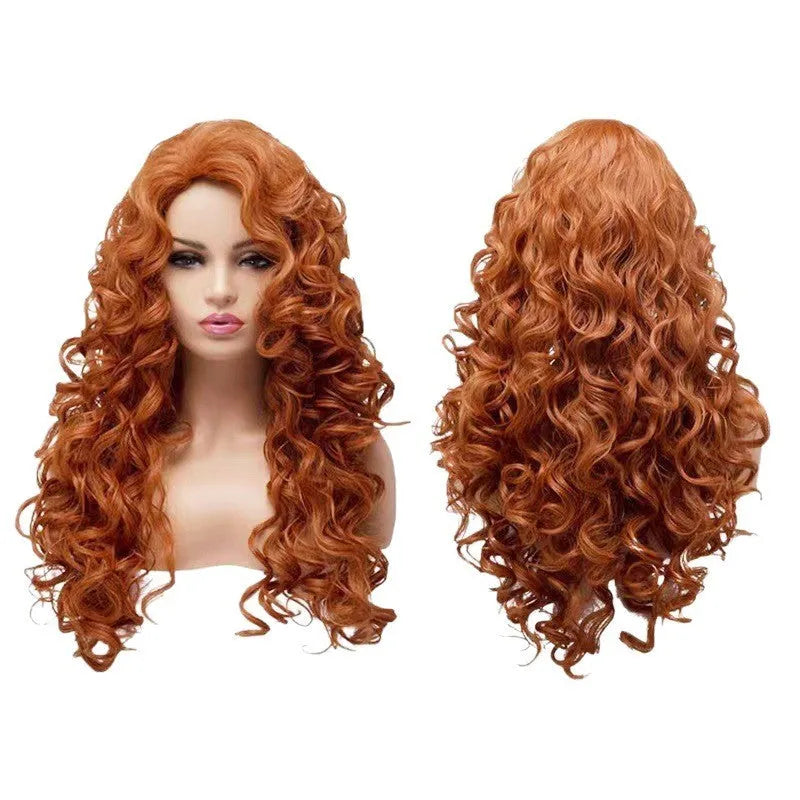 Long wavy curly brown synthetic wig with instant noodles style for Halloween cosplay