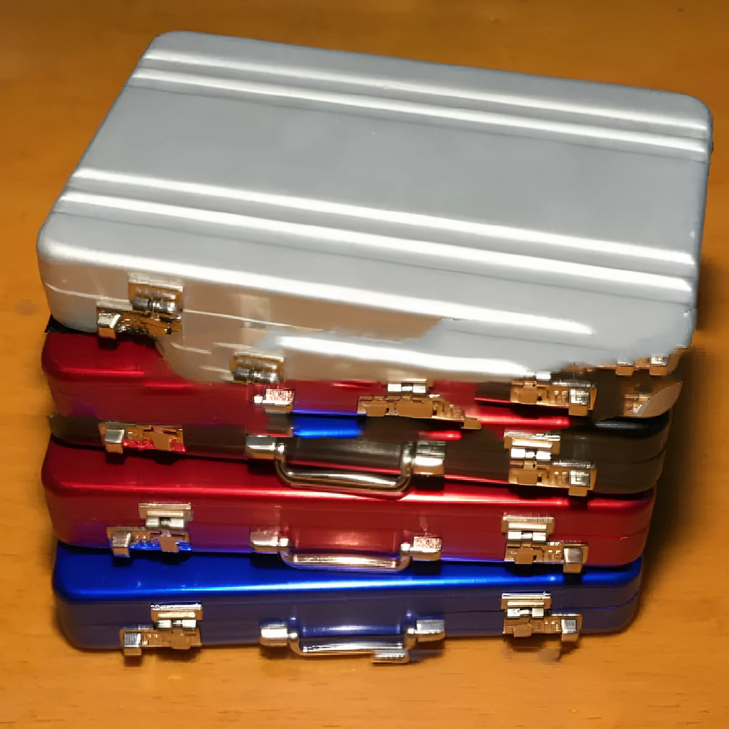 Aluminium alloy business card holder in six colours showing 100x65x16mm dimensions