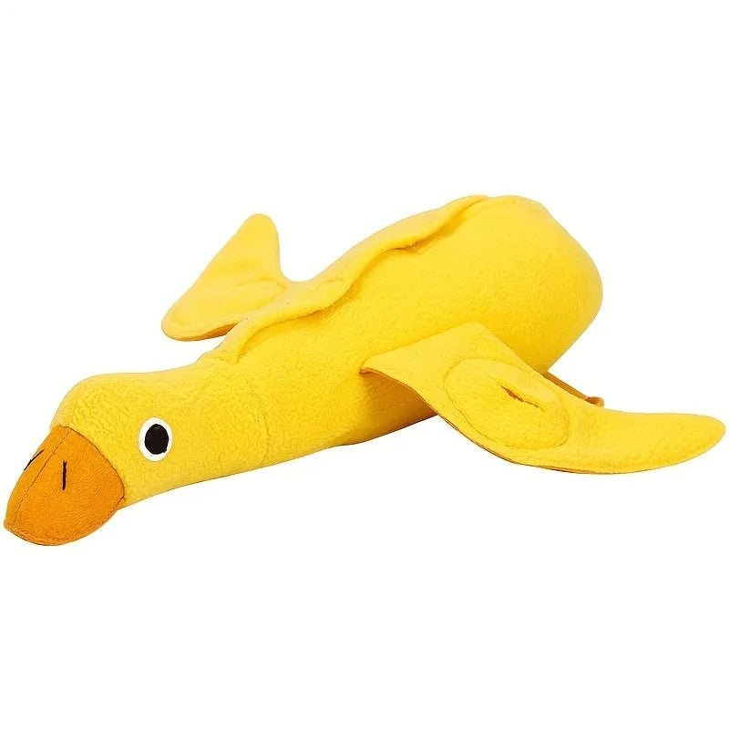 Yellow teddy pet toy with attached duck doll and built-in dog sound mechanism
