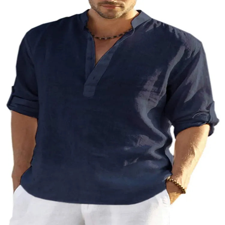 Men's slim fit cotton linen shirt with stand collar and long sleeves in a solid light blue colour.