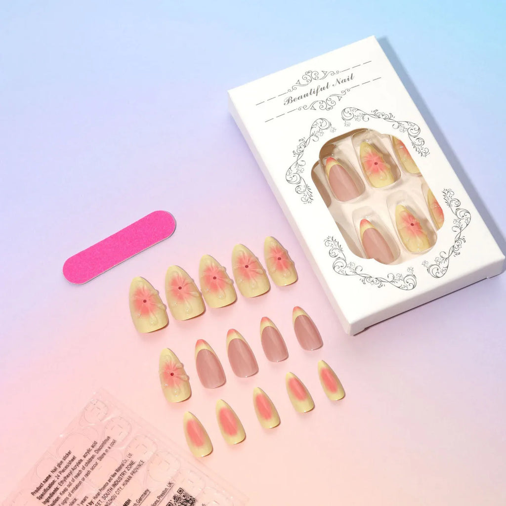 Fake nails with 3D cartoon flower designs on plastic wearable armour pieces in colour TY-318