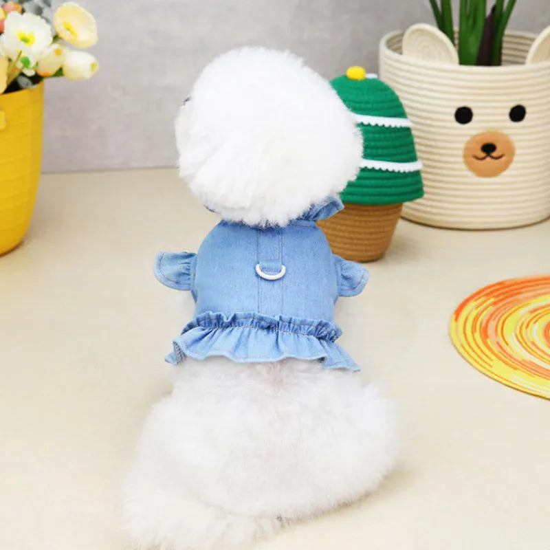 Dark blue denim pet dress with ruffles and a back leash hook for dogs