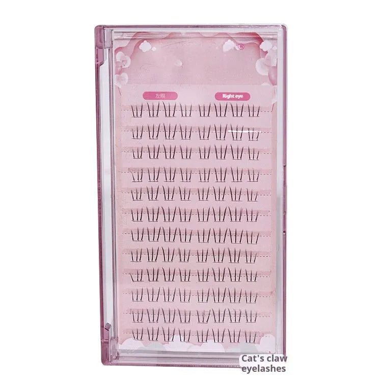 False eyelashes with kitten's paw lower lashes showing 12-row volume and graduated 4-5-6mm lengths
