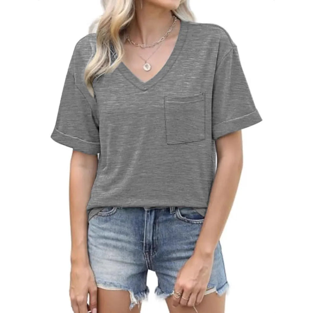 Grey loose fit V-neck T-shirt with chest pocket and short sleeves