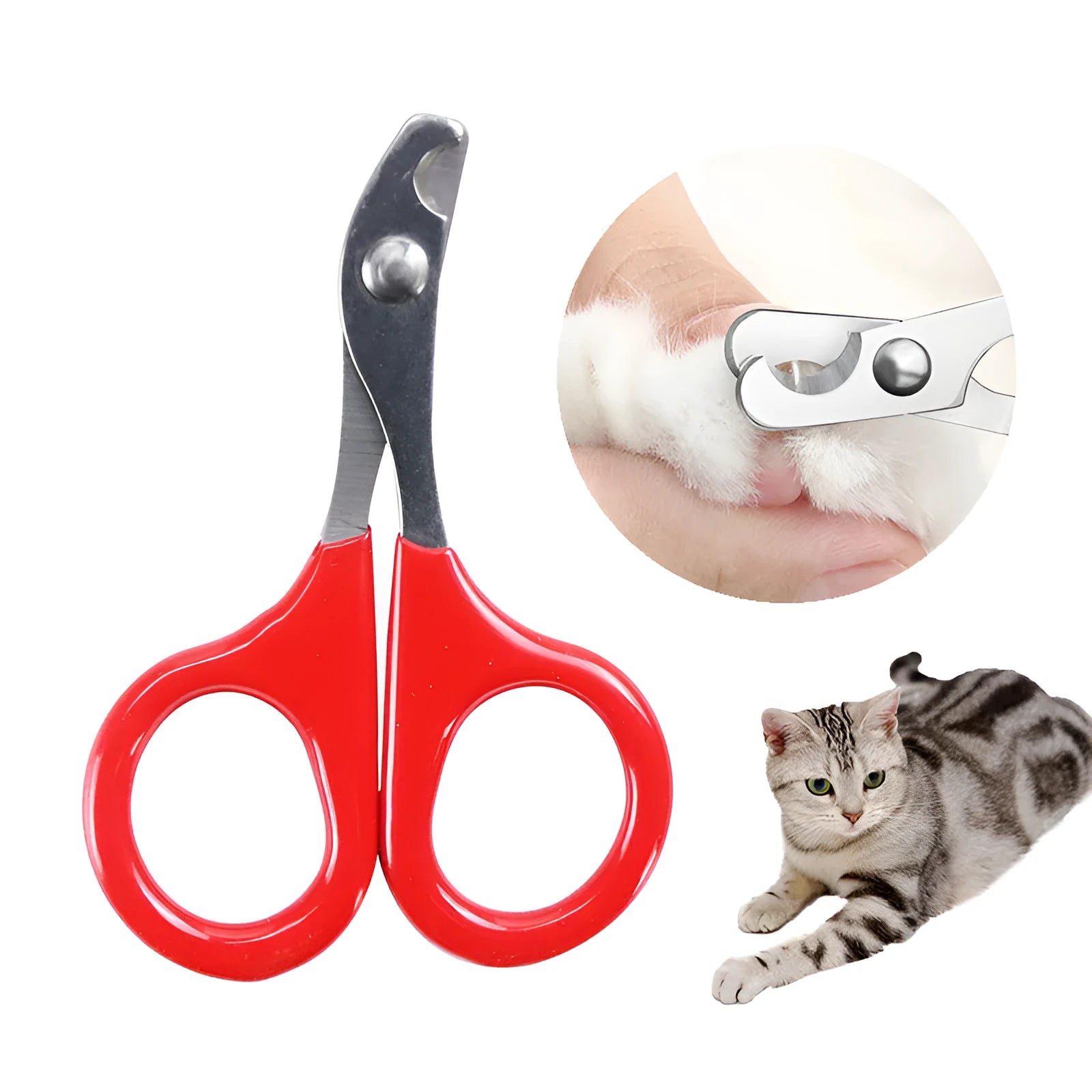 Stainless steel pet nail clippers with plastic and rubber handle for trimming cat and dog claws