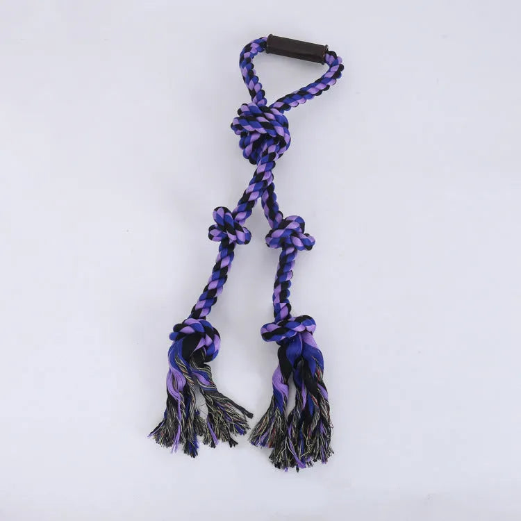 Blue and yellow heavy-duty cotton rope tug toy for large dogs with an ergonomic handle.