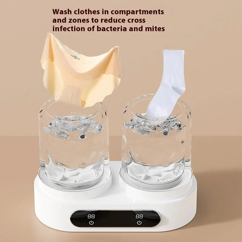 White USB-powered mini double bucket laundry cup for washing underwear and small garments.