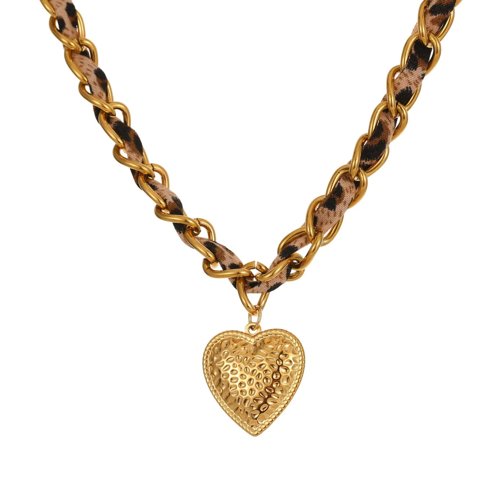 Stainless steel leopard love pendant necklace with adjustable chain and 18K gold electroplating