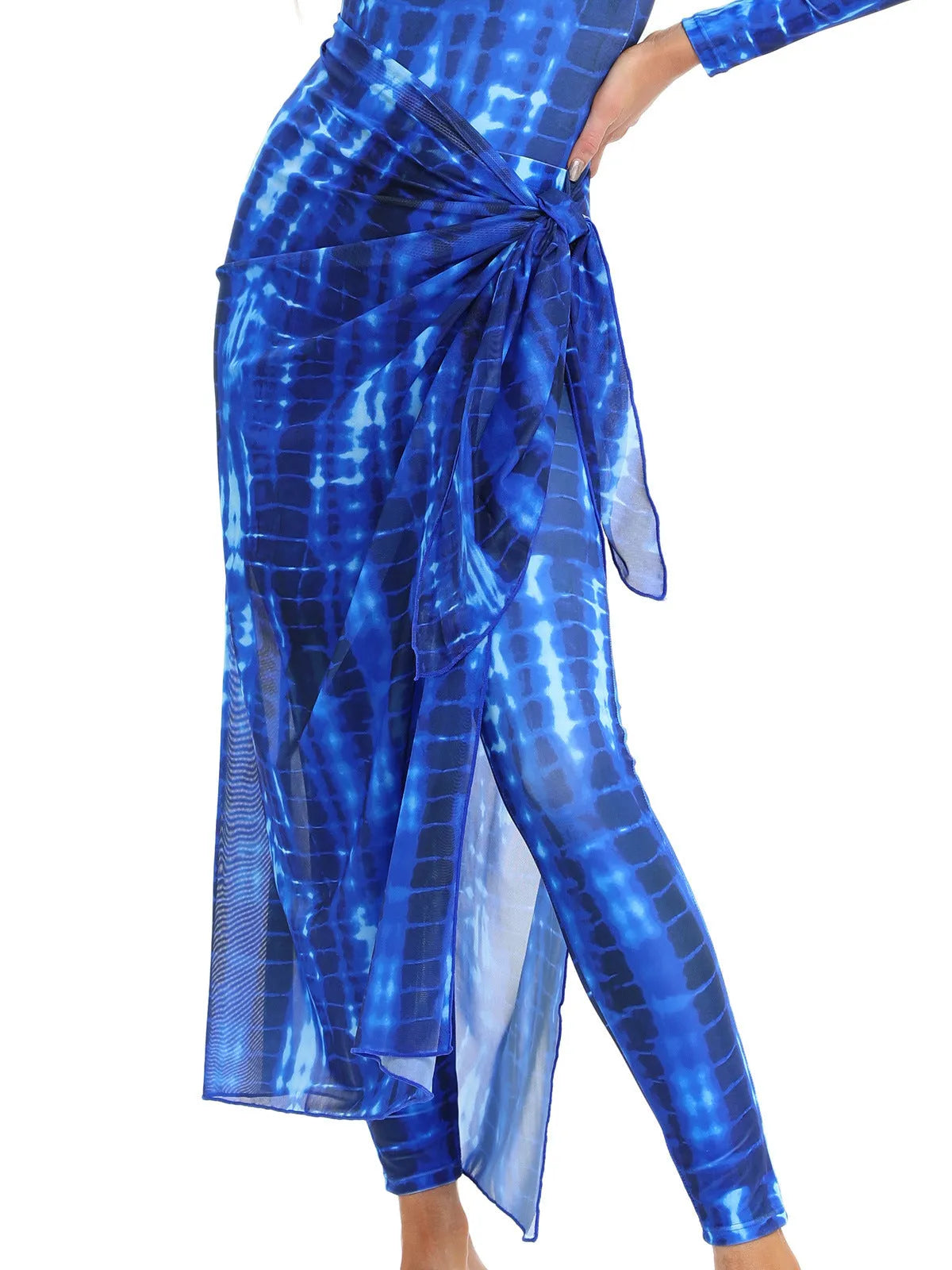Conservative Muslim women's three-piece swimsuit set in blue, with a matching apron, on a mannequin.