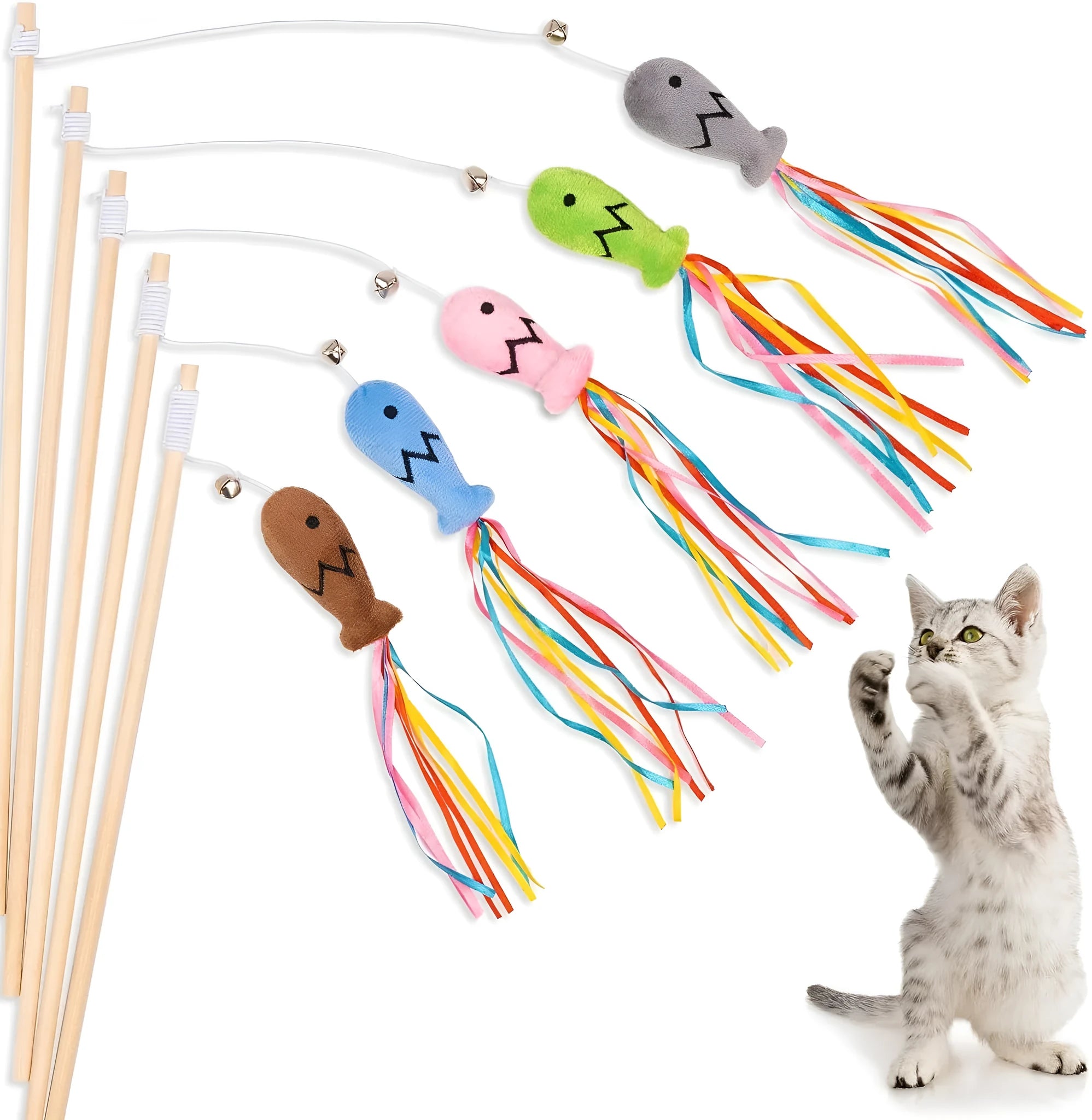 Interactive cat wand toy with wooden handle, colourful ribbons, catnip fish, and a bell.