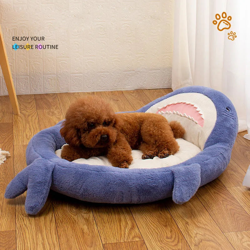 Blue shark pattern pet bed with non-slip base for small to medium dogs