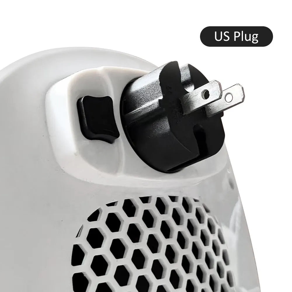 White ceramic heating electric heater with digital display and remote control on a table.