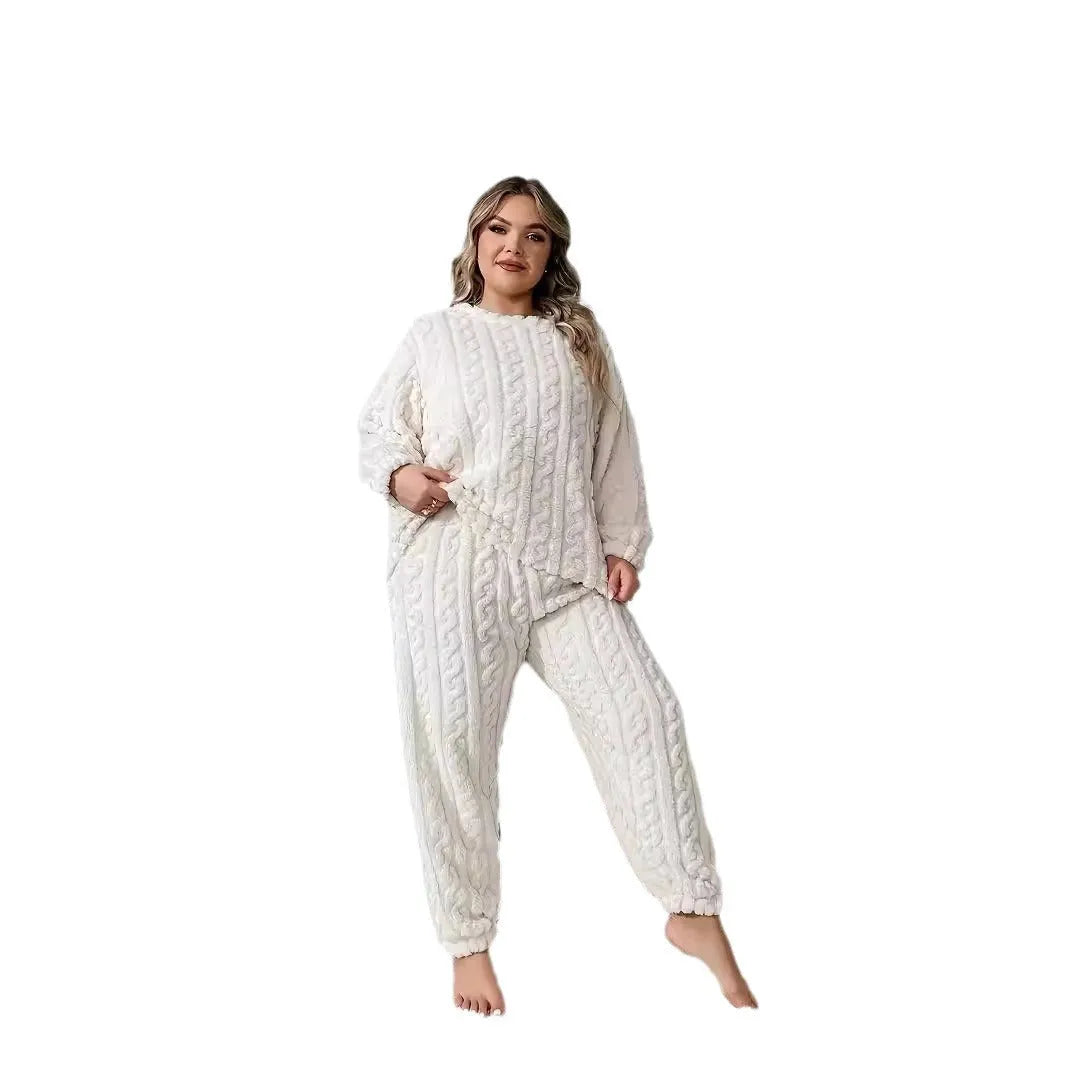 Women's milky white polyester two-piece lounge suit with crew neck top and trousers