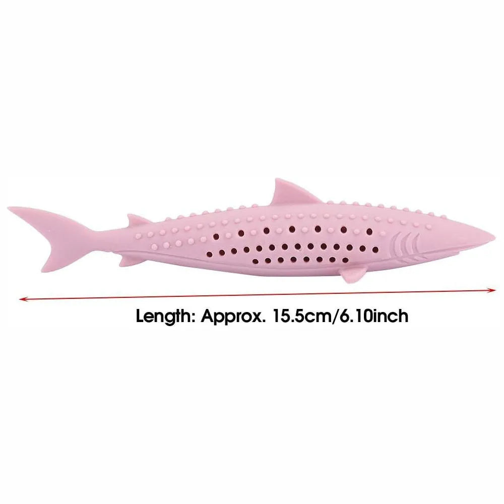 Silicone fish-shaped cat chew toy with breathable holes in green, pink, or purple colours