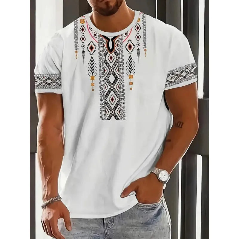 Man wearing a loose-fit short sleeve t-shirt with a raised digital 3D printed stripe pattern in blue.