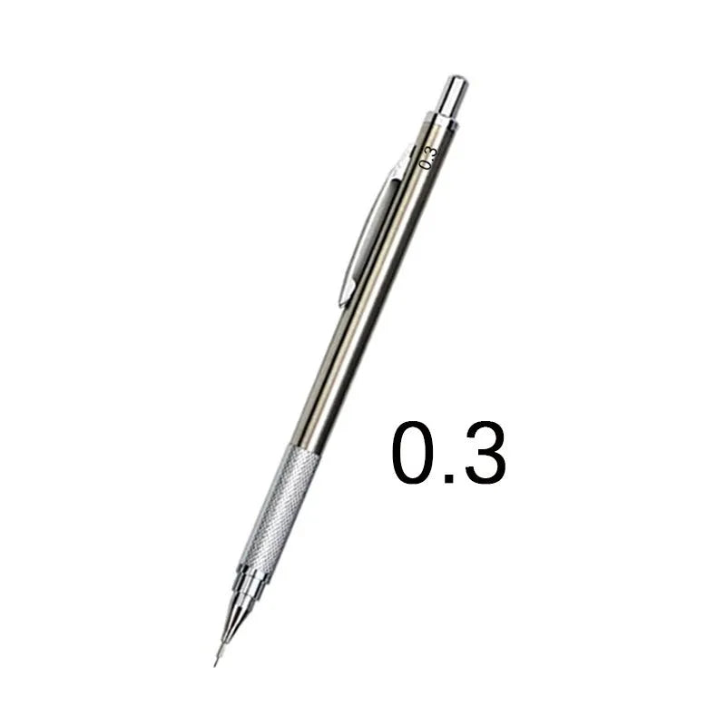 Metal automatic mechanical pencil shown with selection of compatible lead sizes including 0.5mm and 2.0mm.