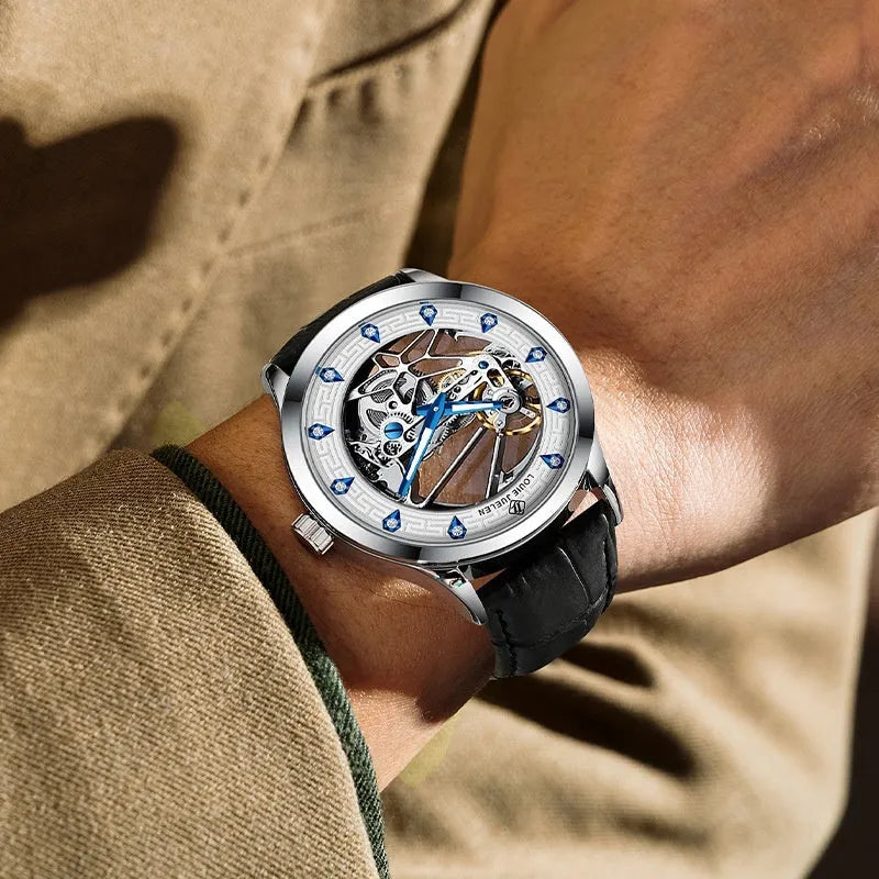 Men's silver stainless steel mechanical watch with luminous hands, black leather strap and waterproof design