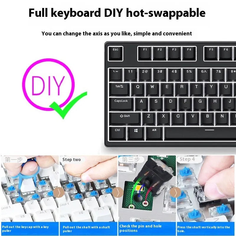 87-key mechanical gaming keyboard with colourful keycaps on metal frame, showing hot-swappable switches