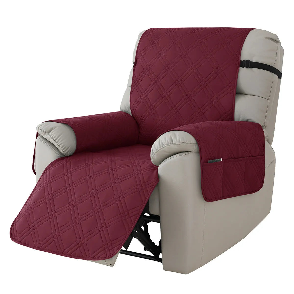 Quilted burgundy waterproof sofa cover fitted on a Chivas massage chair, American country style.