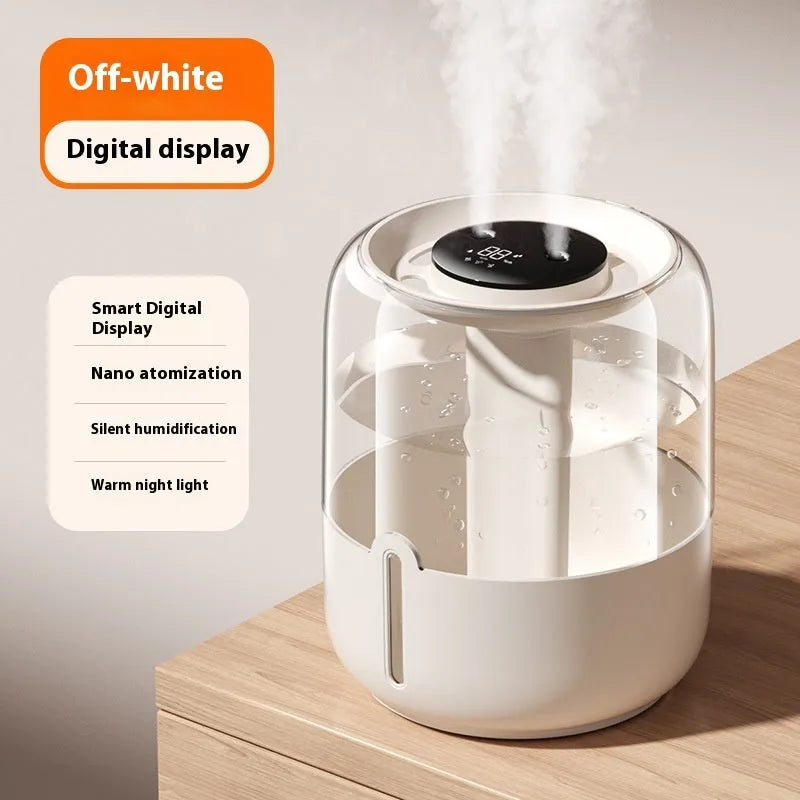 Beige round USB-powered humidifier with dual spray nozzles and display screen