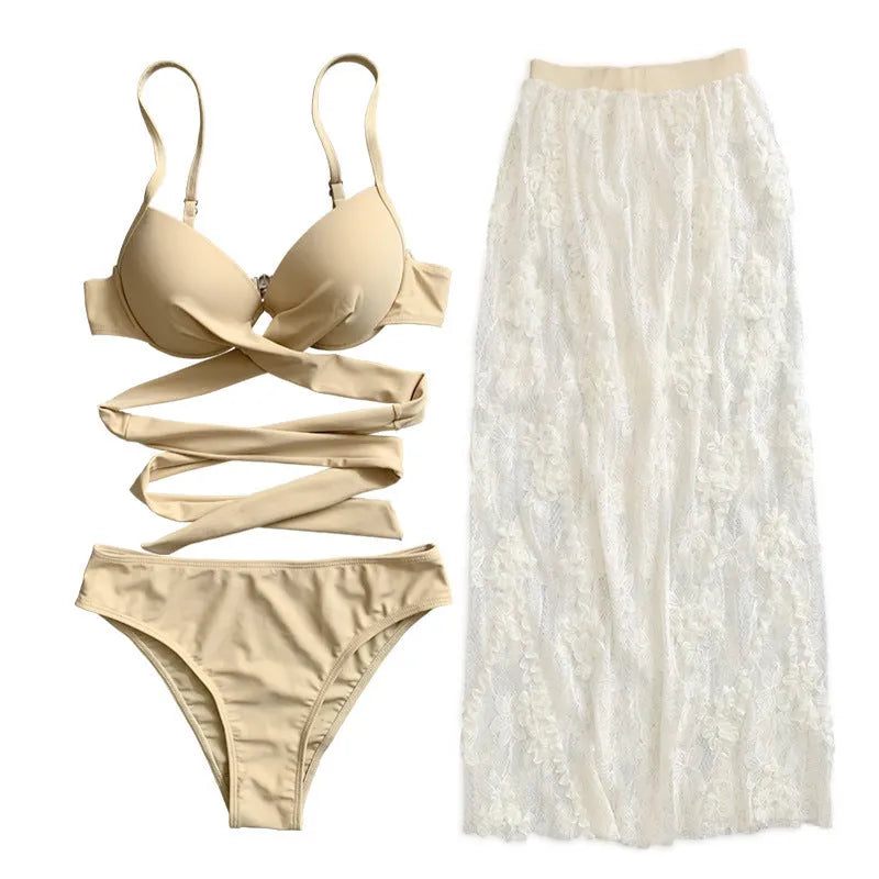 Three-piece backless push-up bikini set with matching skirt in solid colour