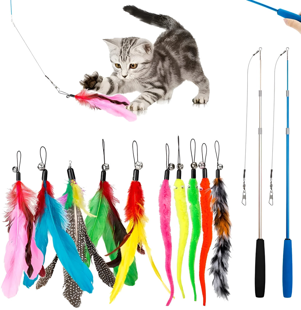 Cat teaser feather fishing rod set with telescopic pole and multiple replacement heads