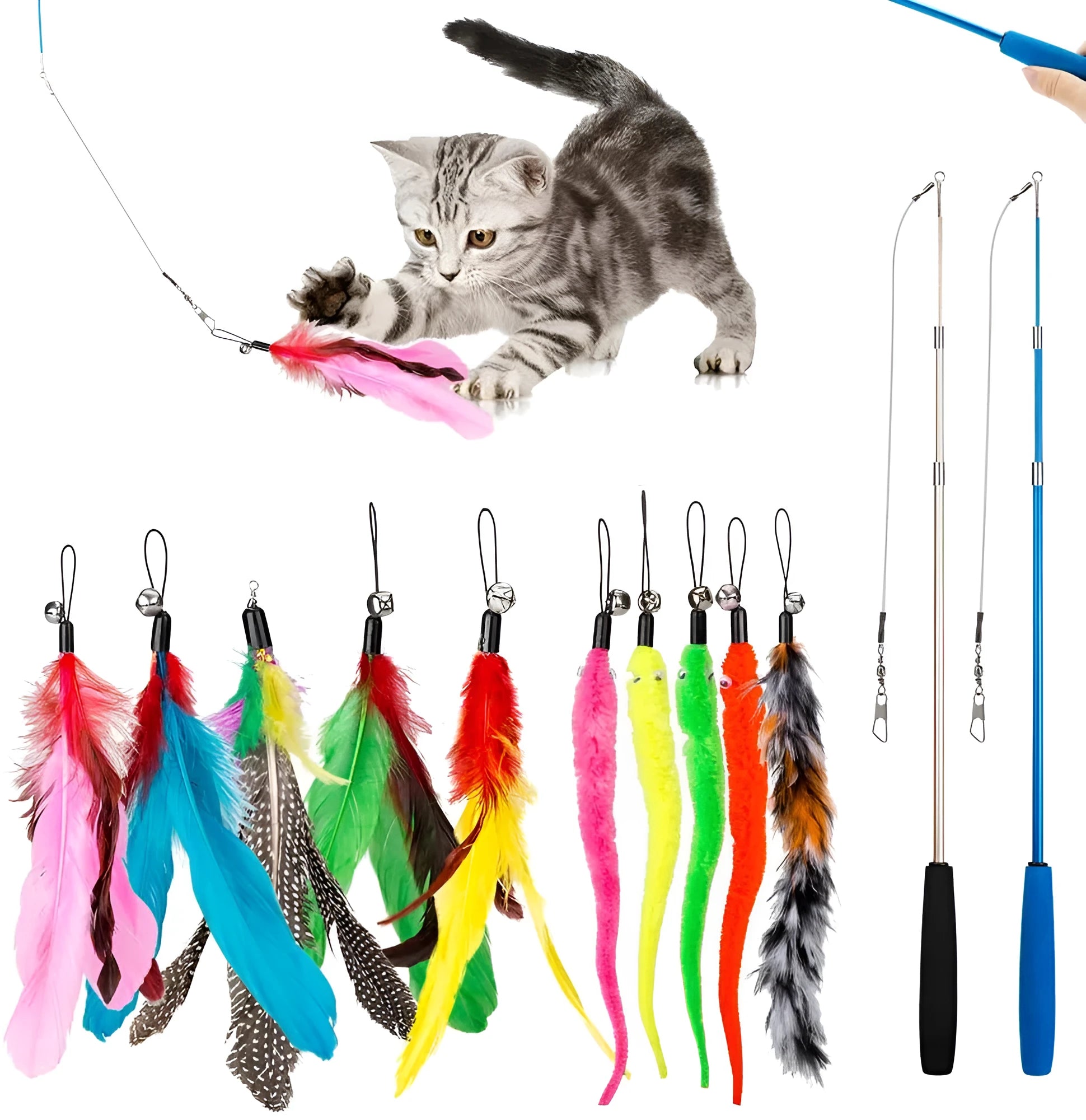 Cat teaser feather fishing rod set with telescopic pole and multiple replacement heads