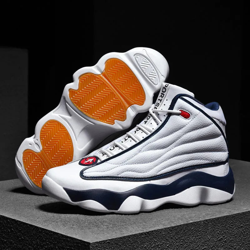 Men's high-top mesh basketball shoes in AJ13 white red colour with thick rubber sole.