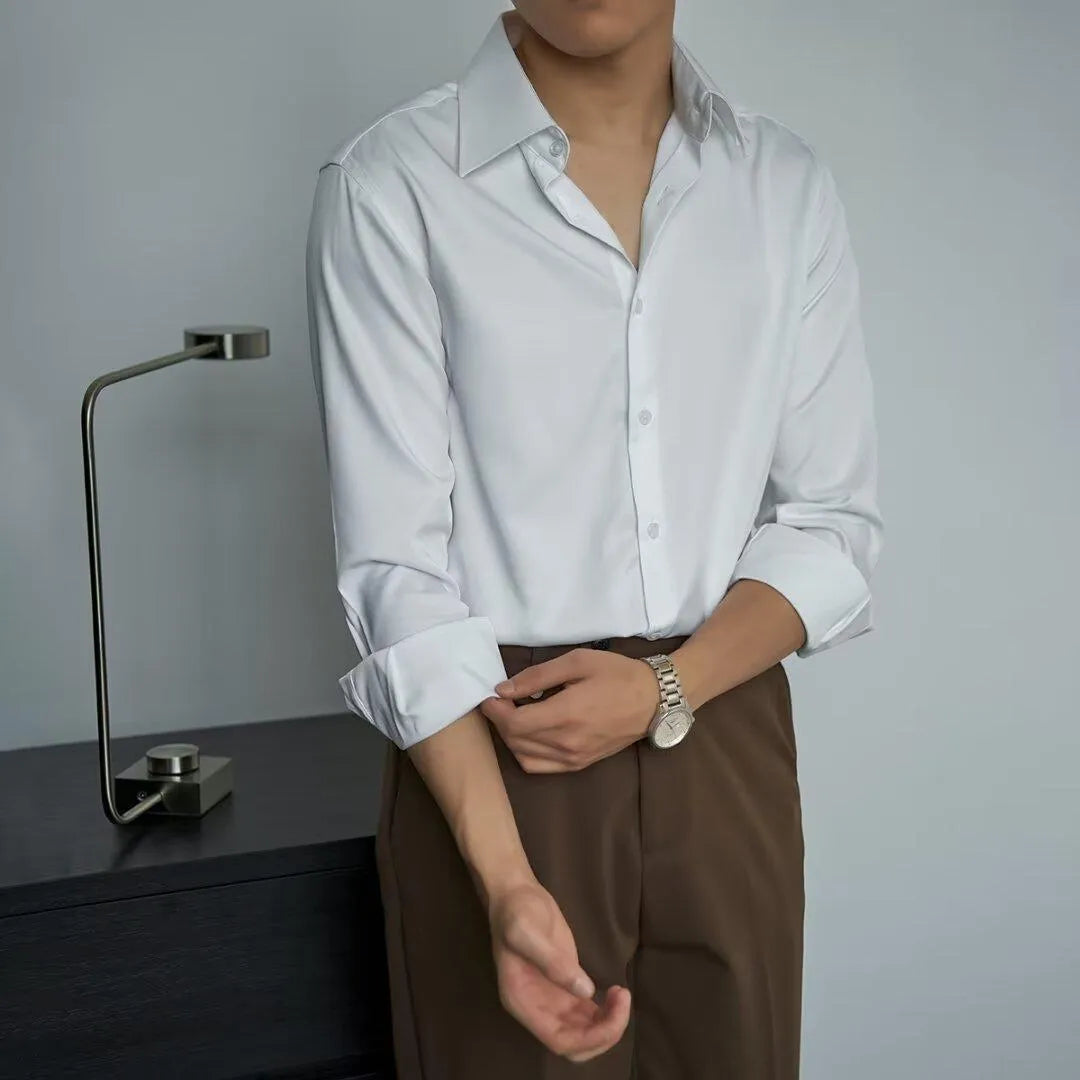 Black men's slim fit Korean style long sleeve cardigan shirt on a hanger