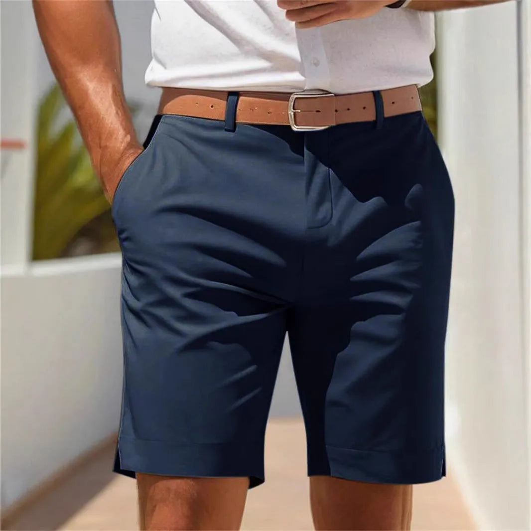 Men's light grey polyester business shorts with straight leg cut on size chart