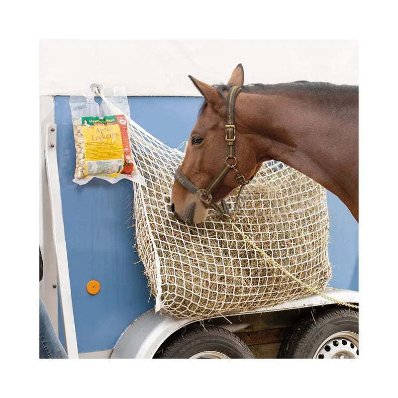 Black woven grid hanging feeding bag for horses and cattle, showing size and rope construction.