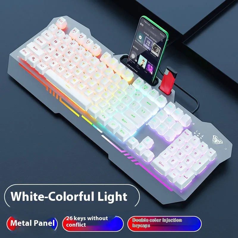 F3010 black and white metal gaming keyboard, mouse, and headset bundle with single-colour LED backlighting.