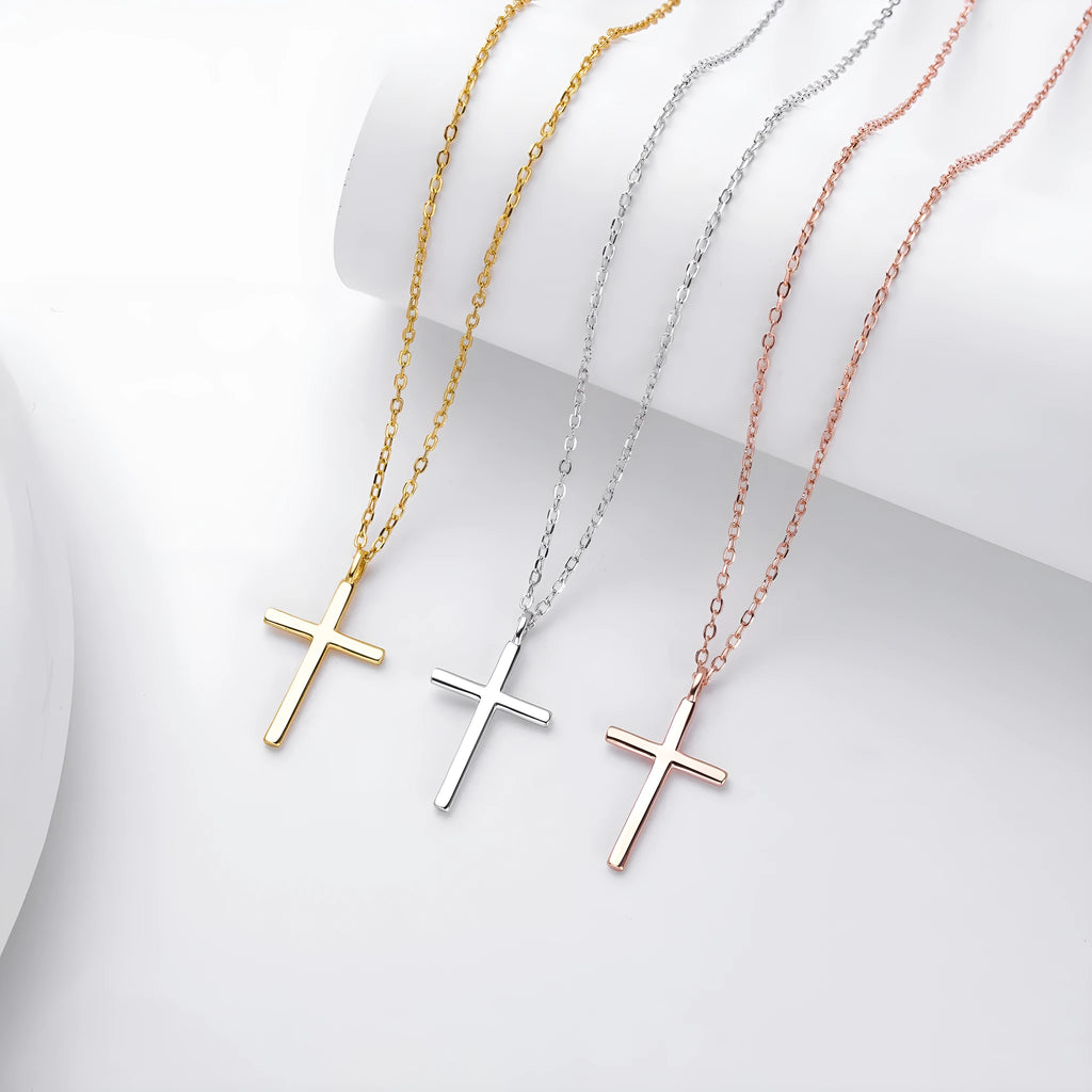 Sterling silver necklace with glossy cross pendant on O-shaped chain, adjustable length