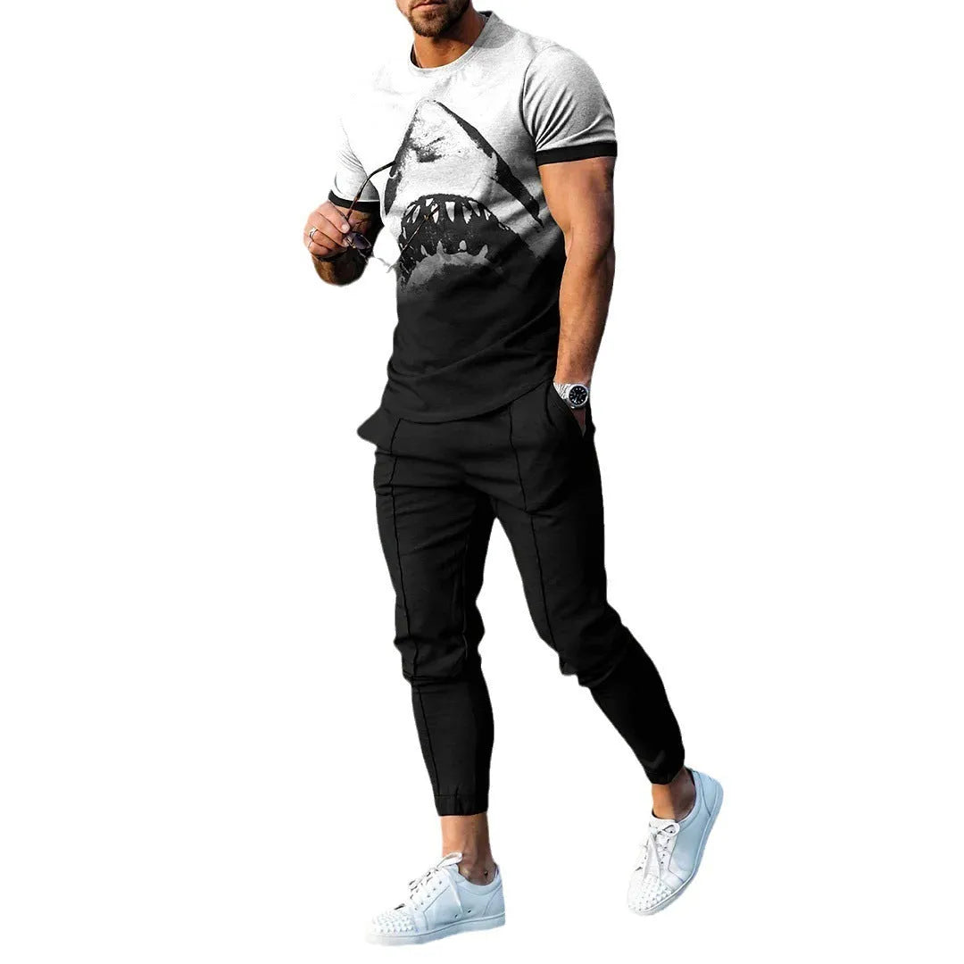 Man wearing a solid-colour short-sleeve top and matching trousers from a polyester sports set.