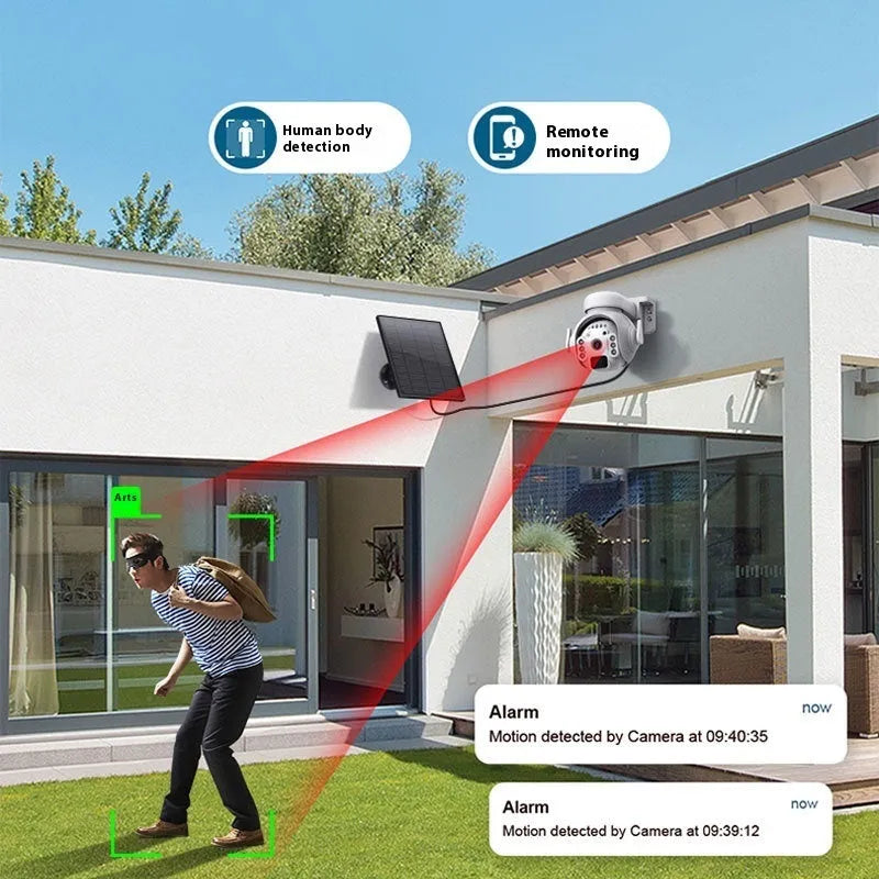 Solar security camera with night vision in camouflage colour with mobile phone showing remote viewing app