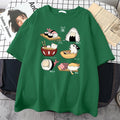 Men's black cotton T-shirt with white cat sushi cartoon print, short sleeves, loose fit