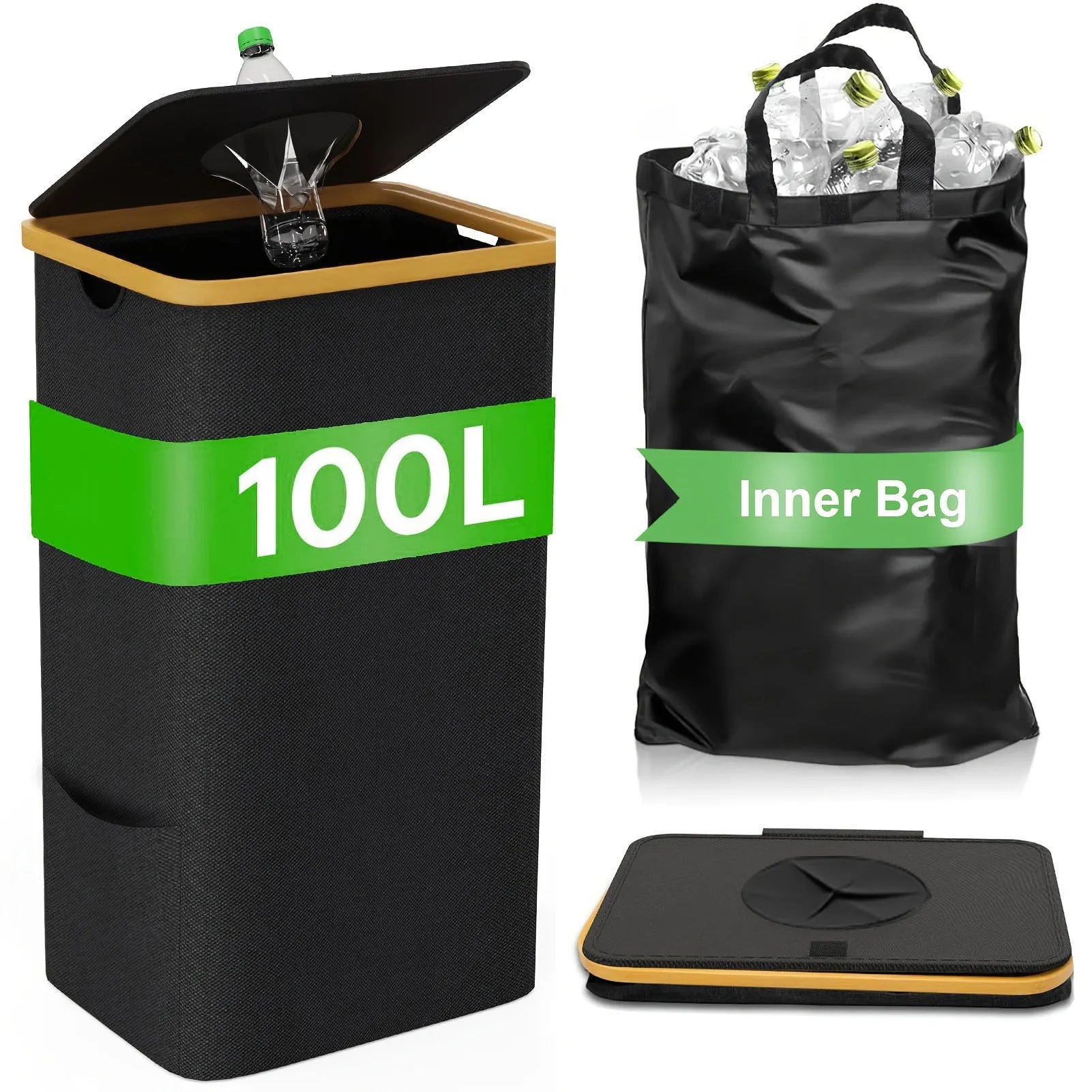 Black bamboo laundry basket with removable storage component and double inner pockets