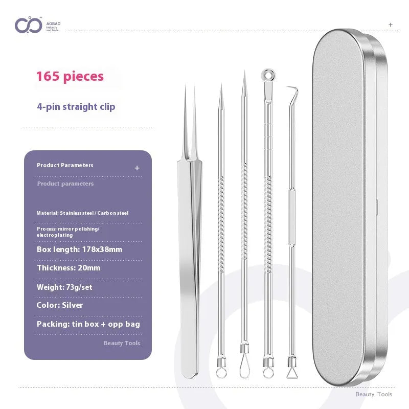 Four silver metal acne needles with pointed tips for skincare extraction.
