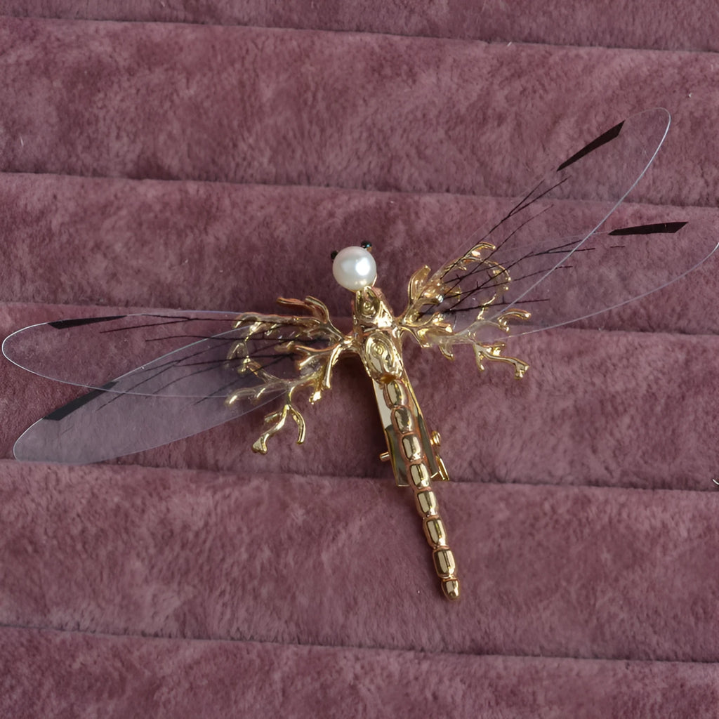 Golden dragonfly side clip headdress for women with alloy metal construction