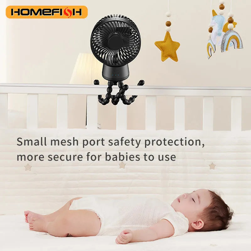 HOMEFISH F2 handheld fan with automatic shaking head, LED light, and removable bracket on a table.