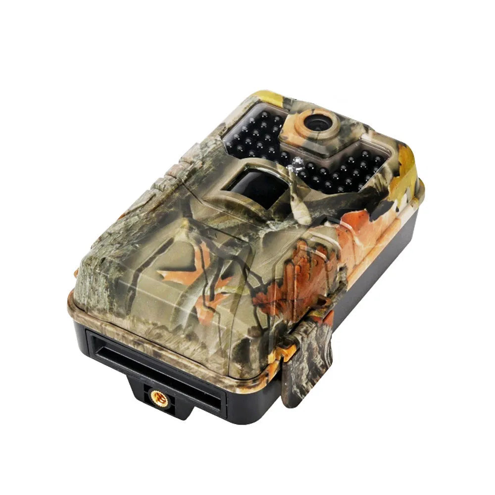 Camouflaged outdoor trail camera showing lens, infrared LEDs, and compact body for wildlife and security monitoring.