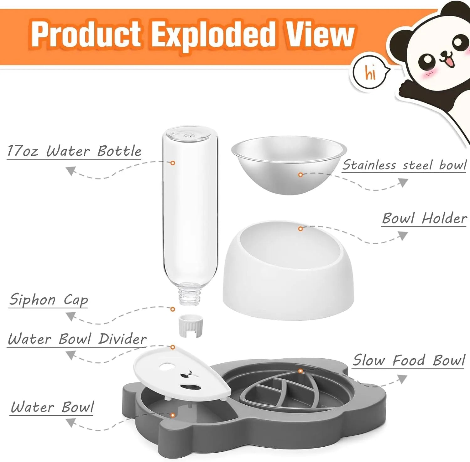 Grey panda-shaped pet feeder with tilted stainless steel bowl and automatic water bottle