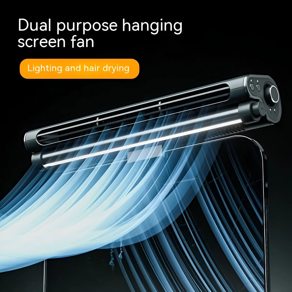 Black bladeless USB clip fan with LED light mounted on laptop screen showing compact design