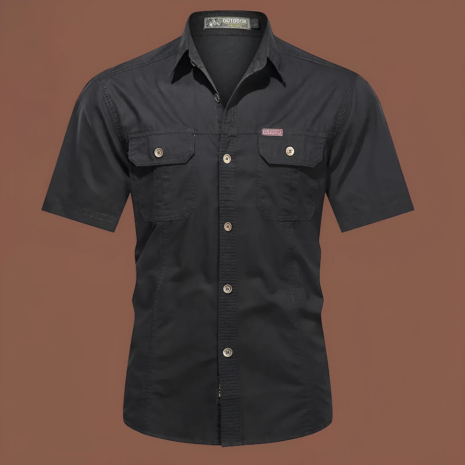 Men's army green cotton work shirt with short sleeves and a loose, non-iron fit.