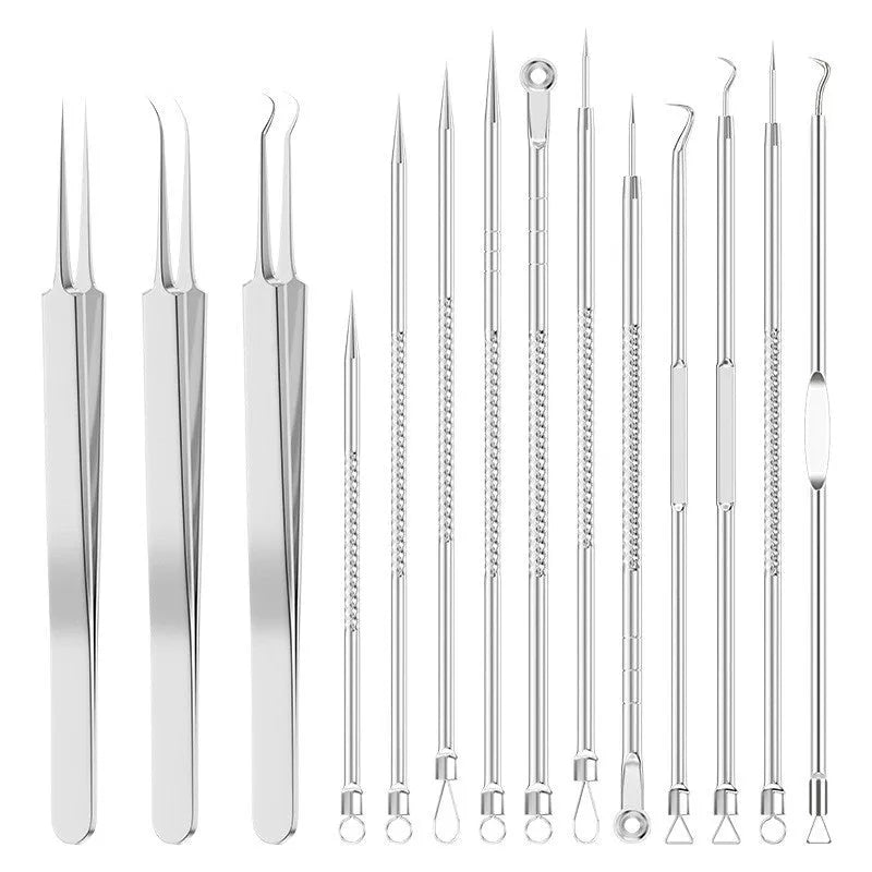 Four silver metal acne needles with pointed tips for skincare extraction.