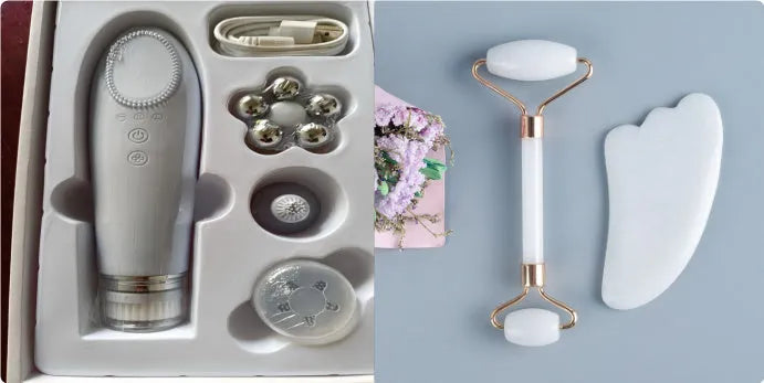 White jade double-headed facial roller and optional wooden gua sha scraping board.