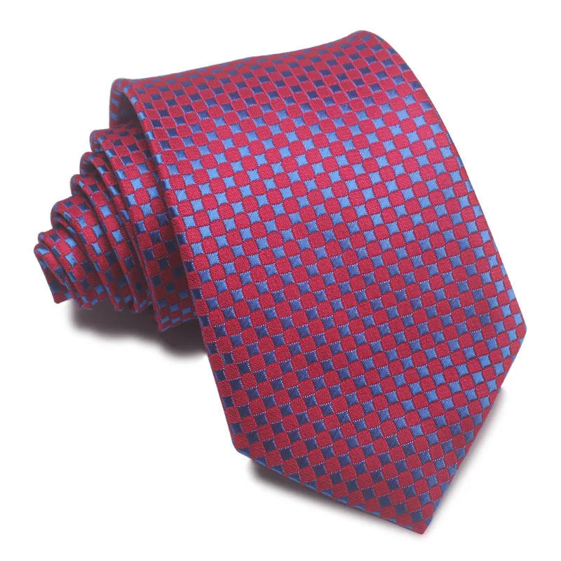 Men's red and black striped polyester jacquard tie with an arrow shape laid flat