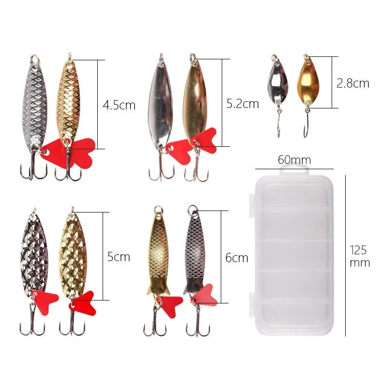 Pineapple sequin box containing metal fishing lure components in gold and silver colours