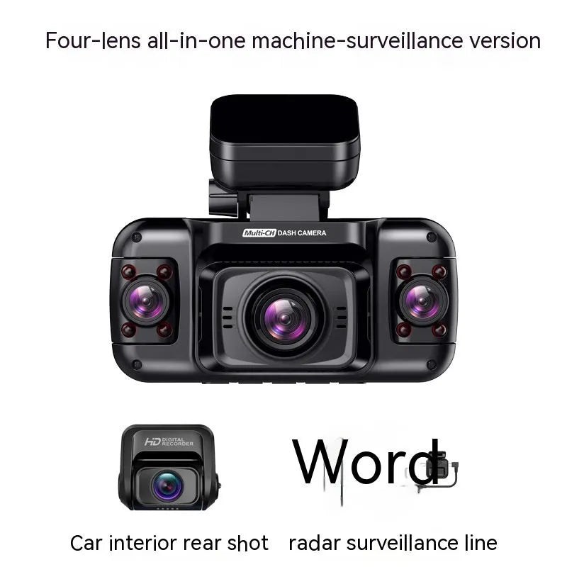 Compact black plastic car dash cam with four lenses and a 2-inch screen for GPS logging and parking surveillance.